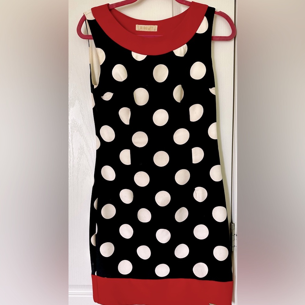 BISCUIT BLACK/WHITE/ RED POLKA DOT SLEEVELESS MIDI DRESS SIZE S